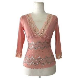 Y2K XOXO Women’s Size Small Pink Sequin Lace Stretch Milkmaid Top